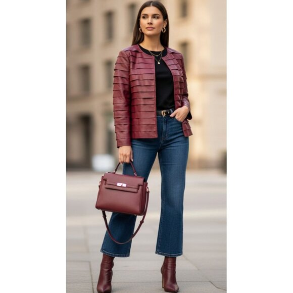 Lafayette 148 New York Burgundy 100% Leather Open Front Layered Jacket Size 6 - Picture 4 of 15